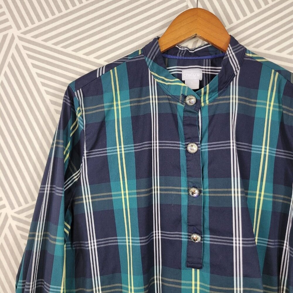 Chicos Plaid Pullover Top Size 3 XL Shirt Casual Gemstone Buttons Green Blue - Picture 3 of 8